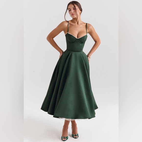 House of CB ‘Mademoiselle’ Forest Green Satin Tulle Midi Dress NWOT XS A-C‎ - Picture 3 of 9